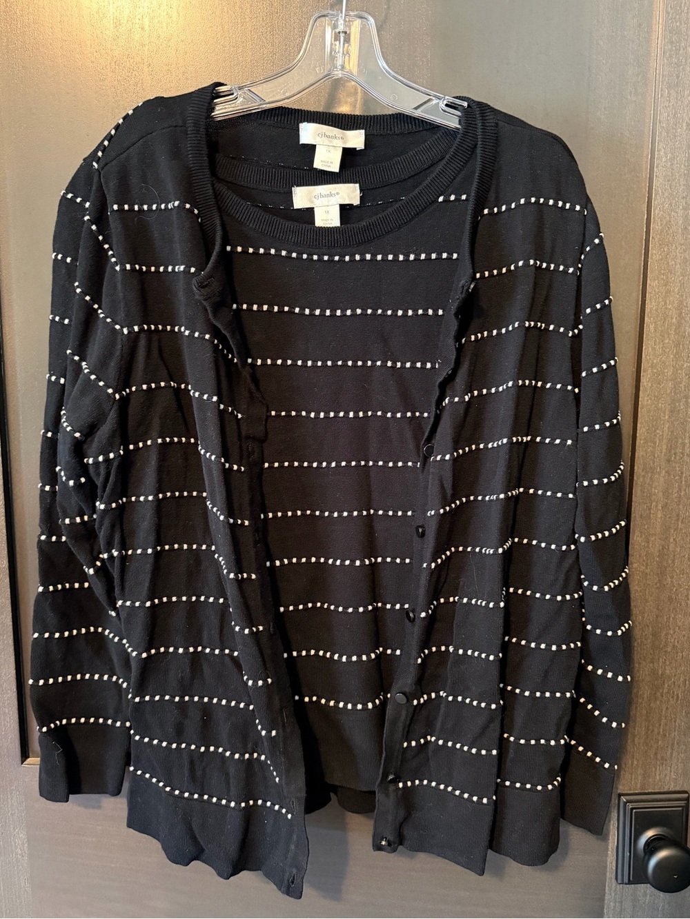 Black Knit Sweater and Button Cardigan with White Dotted Stripes